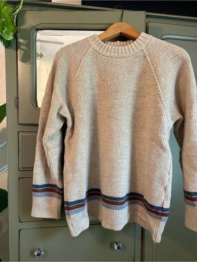 Vintage Wool Crewneck Sweater with Blue & Brown Stripes